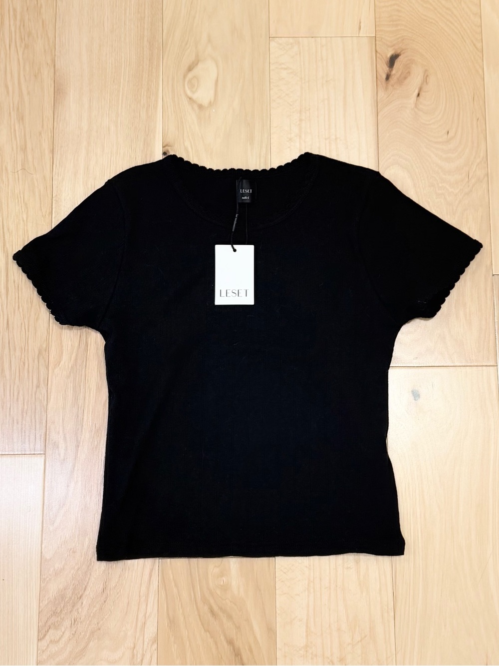 NWT LESET Women’s Pointelle Black Baby Tee Shirt